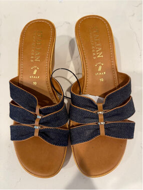 Italian Shoemakers Brown & Blue Denim Wedge Sandals Size 10 EUC